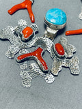 Amazing Native American Navajo Coral & Turquoise Sterling Silver Pendant And Earrings Set-Nativo Arts