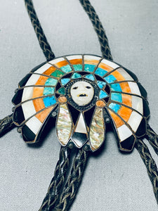 Medicine Man Vintage Native American Zuni Turquoise Inlay Sterling Silver Bolo Tie-Nativo Arts