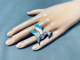 Massive Vintage Native American Zuni Turquoise Hummingbird Inlay Sterling Silver Ring