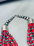 614 Grams Best Native American Navajo Coral Sterling Silver Turquoise Necklace-Nativo Arts