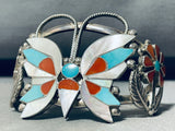 Wallace Vintage Native American Zuni Turquoise Coral Sterling Silver Butterfly Bracelet-Nativo Arts
