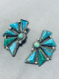 One Of A Kind Native American Navajo Turquoise Sterling Silver Fan Earrings-Nativo Arts