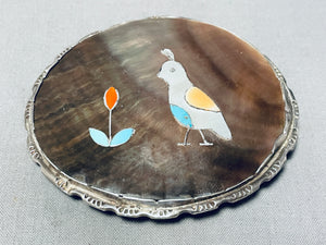 Very Artistic Vintage Native American Zuni Quail Sterling Silver Inlay Turquoise Buckle Old-Nativo Arts