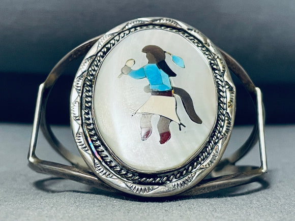 Ceremonial Dancer Vintage Native American Zuni Turquoise Inlay Sterling Silver Bracelet-Nativo Arts