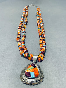 Native American Dazzling Santo Domingo Inlay Multi Royston Turquoise Sterling Silver Necklace-Nativo Arts