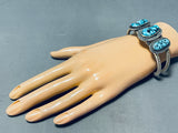 Heavy Coil Cuff Signed Native American Navajo 3 Morenci Turquoise Sterling Silver Huge Bracelet-Nativo Arts