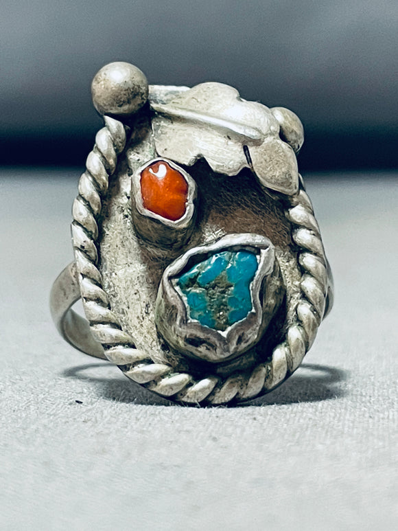 Classic Vintage Native American Navajo Royston Turquoise Coral Sterling Silver Ring-Nativo Arts