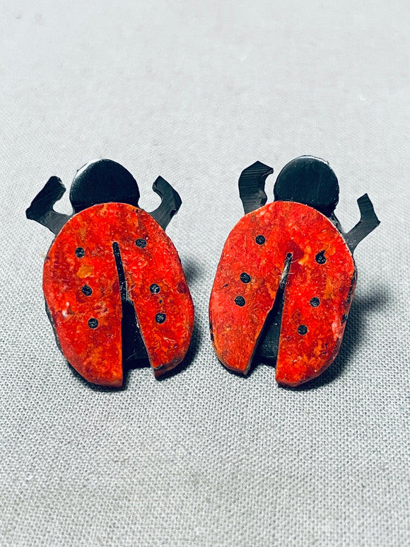 Gasp! Cute Santo Domingo Coral Ladybug Sterling Silver Earrings-Nativo Arts
