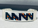 6.5 Inch Wrist Native American Zuni Blue Gem Turquoise, Jet Sterling Silver Signed Bracelet-Nativo Arts