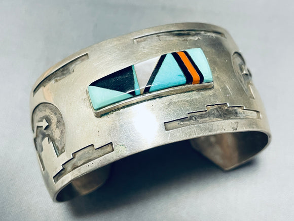 Henry Yazzie Vintage Native American Navajo Turquoise Inlay Sterling Silver Bracelet-Nativo Arts