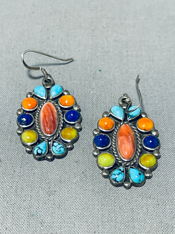 Colorful Vintage Native American Navajo Multi Stone Gaspeite Turquoise Coral Silver Earrings-Nativo Arts
