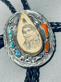 Hand Carved Indian!! Vintage Native American Navajo Turquoise Coral Sterling Silver Bolo Tie-Nativo Arts