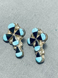 Cross Inlay Vintage Native American Zuni Turquoise Jet Sterling Silver Earrings Old-Nativo Arts