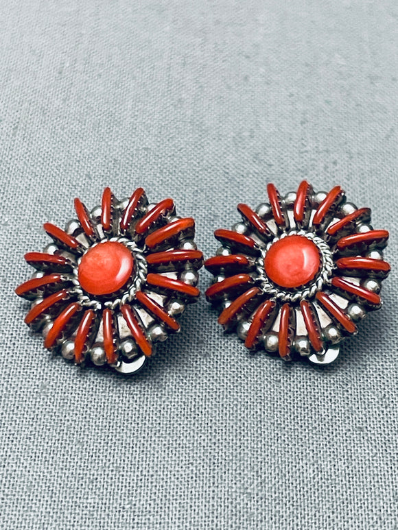 The Best Vintage Native American Zuni Coral Sun Sterling Silver Clip On Earrings-Nativo Arts