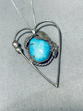 Lovely Vintage Native American Navajo Morenci Turquoise Sterling Silver Heart Necklace-Nativo Arts