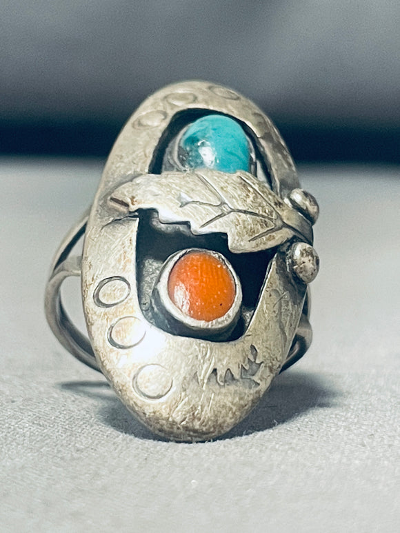 Marvelous Vintage Native American Navajo Royston Turquoise & Coral Sterling Silver Ring-Nativo Arts