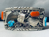 8 Inch Wrist Incredible Native American Navajo Turquoise Coral Sterling Silver Bear Bracelet-Nativo Arts