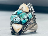 One Of The Most Rare Vintage Native American Navajo Turquoise Sterling Silver Elk Teeth Ring-Nativo Arts