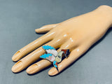 Marvelous Native American Zuni Signed Blue Gem Coral Inlay Silver Hummingbird Huge Ring-Nativo Arts