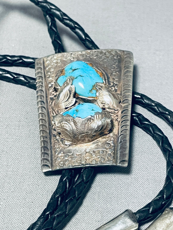 Phenomenal Vintage Signed Native American Zuni 2 Blue Gem Turquoise Sterling Silver Bolo-Nativo Arts