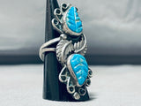 Best Vintage Navajo Hand Carved Leaf Turquoise Sterling Silver Ring Old-Nativo Arts