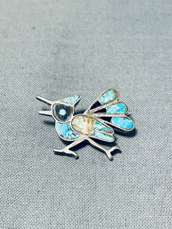 Whimsical Vintage Native American Navajo Turquoise Sterling Silver Roadrunner Pin-Nativo Arts