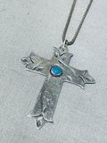 Heavenly Vintage Native American Navajo Morenci Turquoise Sterling Silver Cross Necklace-Nativo Arts