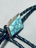 Classic Vintage Native American Zuni Blue Gem Turquoise Inlay Sterling Silver Bolo Tie-Nativo Arts