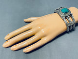 Ornate Vintage Signed Native American Navajo Green Kingman Turquoise Sterling Silver Bracelet-Nativo Arts