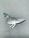 Adorable Vintage Native American Navajo Morenci Turquoise Sterling Silver Quail Pin-Nativo Arts