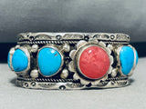 Majestic Vintage Native American Navajo Rhodolyte 5 Blue Gem Turquoise Sterling Silver Cuff-Nativo Arts