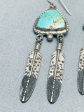 Sturdy Dangling Vintage Native American Navajo Turquoise Sterling Silver Feather Earrings-Nativo Arts