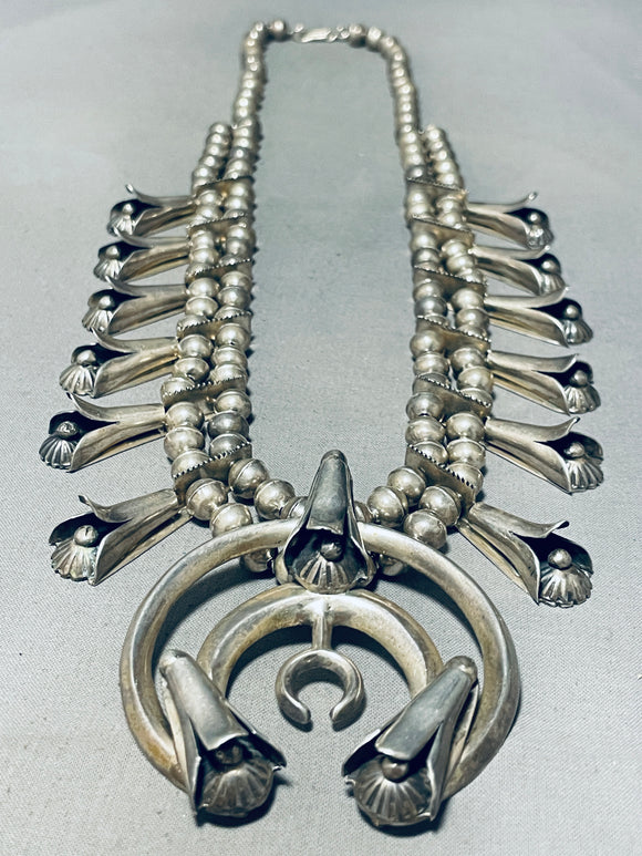 187 Grams Fab!! Vintage Native American Navajo All Sterling Silver Squash Blossom Necklace-Nativo Arts