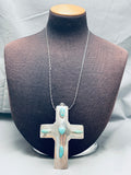 Gigantic Vintage Native American Navajo Hand Tooled Sterling Silver Turquoise Cross Necklace-Nativo Arts