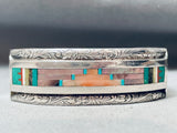 One Of The Most Unique Vintage Navajo Turquoise Inlay Sterling Silver Bracelet-Nativo Arts