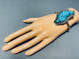 Completely Hand Carved Turquoise Vintage Native American Navajo Leaf Sterling Silver Bracelet-Nativo Arts
