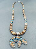 Super Intricate Vintage Native American Navajo Turquoise Inlay Bear Sterling Silver Necklace-Nativo Arts