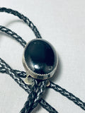 Native American Simply Vintage Navajo Domed Jet Sterling Silver Bolo Tie Old
