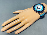 Massive Vintage Native American Zuni Signed Inlay Sunface Turquoise Sterling Silver Bracelet-Nativo Arts