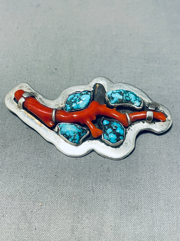 One Of The Craziest Chunk Coral Vintage Native American Navajo Sterling Silver Pin-Nativo Arts