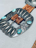 Early 1900's Vintage Native American Navajo Hand Tooled Sterling Silver Turquosie Concho Belt-Nativo Arts