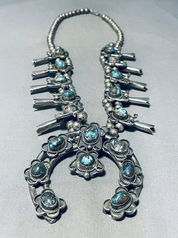 Rare Vintage Native American Navajo Bisbee Turquoise Sterling Silver Squash Blossom Necklace-Nativo Arts