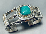 Ornate Vintage Signed Native American Navajo Green Kingman Turquoise Sterling Silver Bracelet-Nativo Arts
