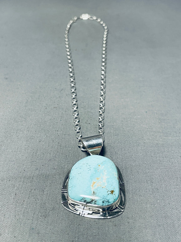 Beautiful Native American Navajo Blue Gem Turquoise Sterling Silver Signed Necklace-Nativo Arts