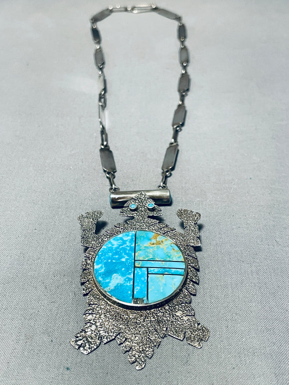 Desert Toad Vintage Native American Navajo Turquoise Sterling Silver Inlay Necklace-Nativo Arts