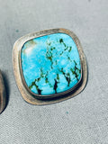 Striking Native American Navajo Pilot Mountain Turquoise Sterling Silver Earrings Signed-Nativo Arts