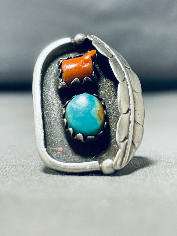 Marvelous Vintage Native American Navajo Turquoise, Coral Sterling Silver Ring-Nativo Arts