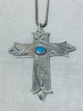 Heavenly Vintage Native American Navajo Morenci Turquoise Sterling Silver Cross Necklace-Nativo Arts