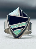 Shield Of Opal Jet Vintage Native American Navajo Sterling Silver Inlay Ring-Nativo Arts