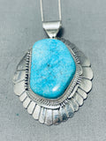Signed Native American Navajo Old Kingman Turquoise Sterling Silver Necklace-Nativo Arts